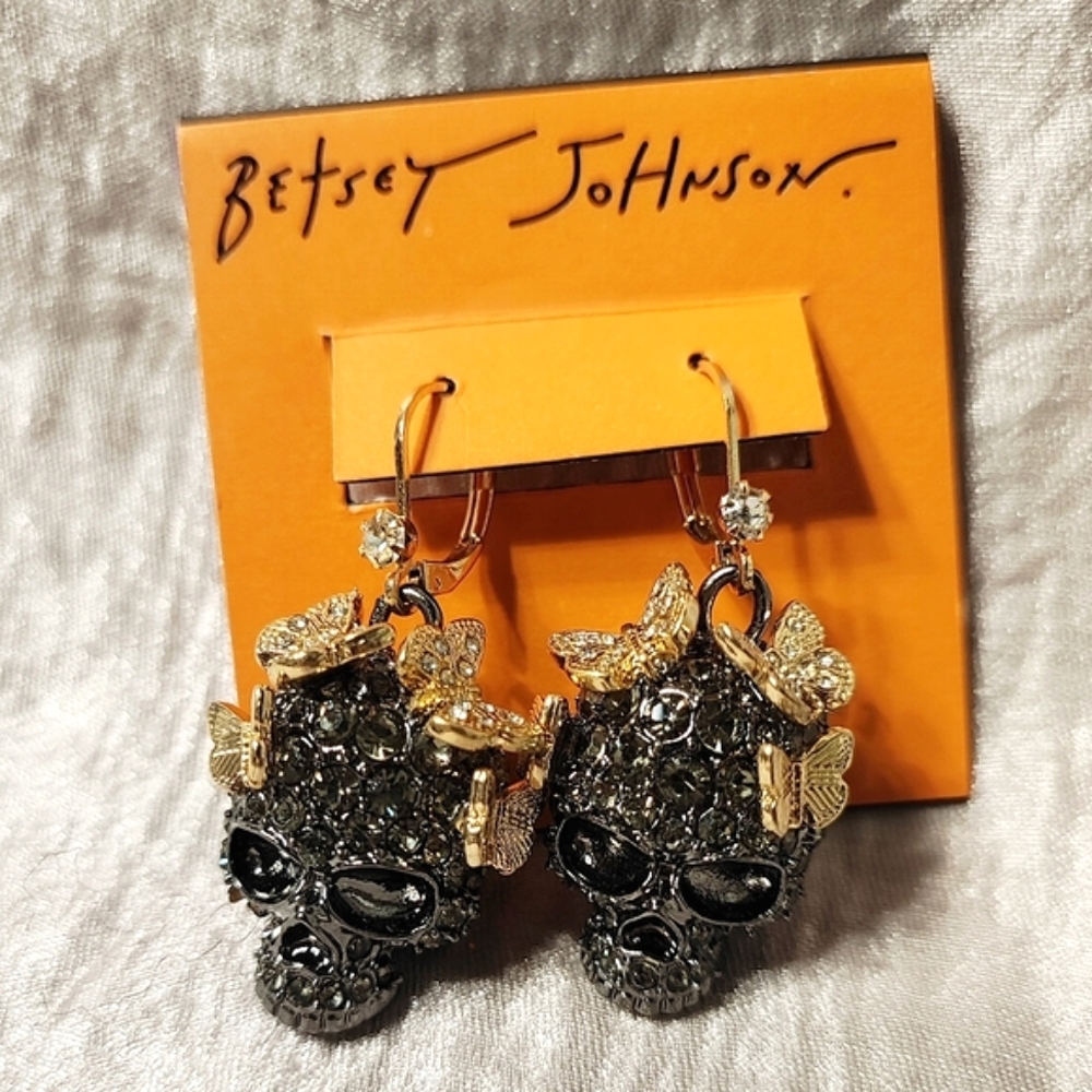 Betsey Johnson Halloween Jewelry Gunmetal Skull Gold Tone Butterfly Earrings NEW